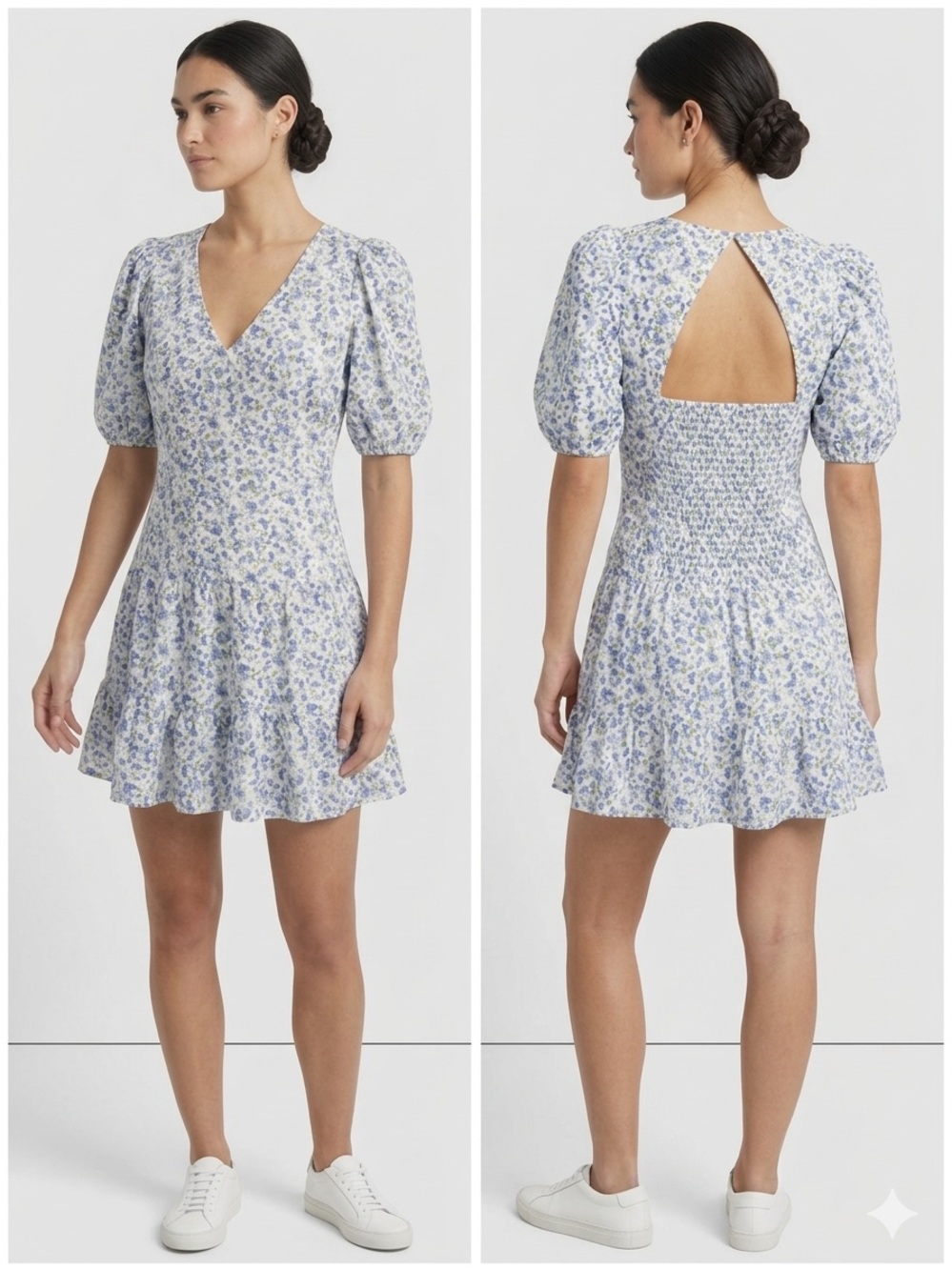 French Connection Birch Puff Sleeve Poplin Mini Dress Blue Floral Cutout Back 10
